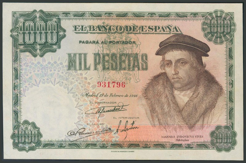 1000 Pesetas. 19 de Febrero de 1946. Sin serie. Verdaderamente invisible doblez ...
