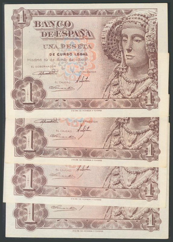 Conjunto de 4 billetes de 1 Peseta de la emisión de 19 de Junio de 1948. Serie G...
