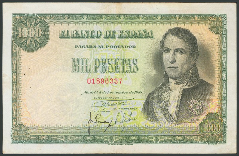 1000 Pesetas. 4 de Noviembre de 1949. Sin serie. (Edifil 2017: 458). Marcas de g...