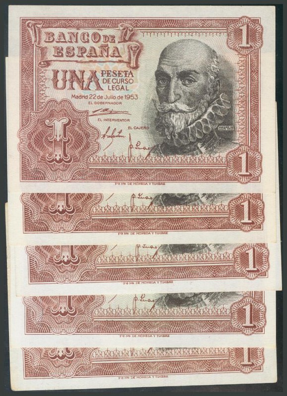 Conjunto de 5 billetes del 1 Peseta de la emisión de 22 de Julio de 1953. Series...
