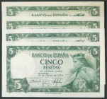 Conjunto de cuatro billetes con las series T y F de 5 pesetas (uno de ellos con óxido) de la emisión de 22 de Julio de 1954. Serie T/F. (Edifil 2017: ...