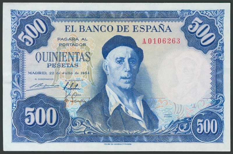 500 Pesetas. 22 de Julio de 1954. Serie A. (Edifil 2017: 468a). Conserva su apre...