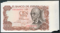 Conjunto de 10 billetes correlativos de 100 Pesetas emitidos el 17 de Noviembre de 1970, todos ellos con la serie 6M. (Edifil 2017: 472c). SC.
