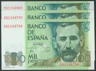 Conjunto de 3 billetes correlativos de 1000 Pesetas, de la emisión del 23 de Octubre de 1979. Serie 5N. SC.
