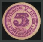 AYUNTAMIENTO DE ABARAN (MURCIA). 5 Céntimos. Marca del ayuntamiento al dorso. Montaner Nº 3-H; R. González Nº 15. MBC.
