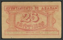 AYUNTAMIENTO DE ABARAN (MURCIA). 25 Céntimos. 1937. Marca de la caja del ayuntamiento al dorso. Montaner Nº 3-I; R. González Nº 16. BC.
