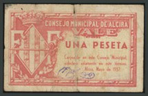 CONSEJO MUNICIPAL DE ALCIRA (VALENCIA). 1 Peseta. 1937. Rara variedad con una sóla firma. (Montaner: 80-C, González: 326). BC-. Escaso.