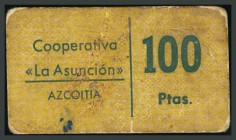 AZCOITIA (GUIPUZCOA). Postguerra. 100 Pesetas. Cooperativa "La Asunción". Marca del mercado al dorso. MBC-.