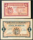 CONSEJO MUNICIPAL DE CASPE (ZARAGOZA). Serie completa de 50 Céntimos y 1 Peseta. Montaner Nº 465-A/B; R. González Nº 1738-1739. BC/MBC-.