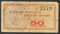 CONSEJO MUNICIPAL DE GALERA (GRANADA). 50 Céntimos. 1937. Marca del ayuntamiento en ambas caras. Montaner No cita; R. González Nº 2597. BC-. Raro.