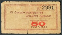 CONSEJO MUNICIPAL DE GALERA (GRANADA). 50 Céntimos. Marca del Ayuntamiento en anverso y reverso. (Montaner: no cita, González: 2597). BC. Escaso.