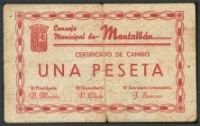 CONSEJO MUNICIPAL DE MONTALBAN (TERUEL). 1 Peseta. 1937. (Montaner no cita, González: 3261). BC+.
