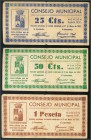 CONSEJO MUNICIPAL DE MONZON (HUESCA). Serie completa de 25-50 Céntimos y 1 Peseta. Marca del ayuntamiento al dorso. (Montaner: 967-D/E/F, González: 36...