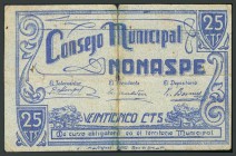 CONSEJO MUNICIPAL DE NONASPE (ZARAGOZA). 25 Céntimos. (Montaner: 1005-A, González: 3862). BC-. Escaso.