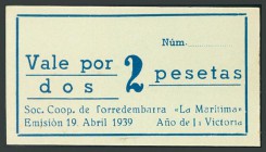SOCIEDAD COOPERATIVA DE TORREDEMBARRA. 2 Pesetas. 1939. La Marítima. (L-2553). SC.