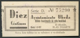AYUNTAMIENTO DE UBEDA. 10 Céntimos. 1937. Marca del Ayuntamiento al dorso. (Montaner: 1487-A, González: 5197 mismo ejemplar). EBC.