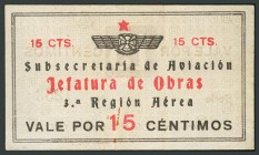 FUERZA AEREA. 15 Céntimos. 1937. Barcelona. Subsecretaría de Aviación-Jefatura de Obras-3ª Región Aérea. (González: 5910). MBC.