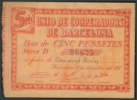 UNIO DE COOPERADORS DE BARCELONA. 5 Pesetas. 1937. Color rojo. MBC.