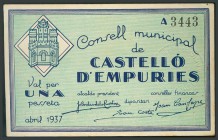 CONSELL MUNICIPAL DE CASTELO D´EMPURIES (GERONA). 1 Peseta. 1937. (Montaner: 492-B). MBC+.
