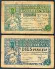 AJUNTAMENT DE CASTELLDANS (LLEIDA). 50 Céntimos y 2 Pesetas. 1937. (Montaner: 482-F/H). BC-/BC.