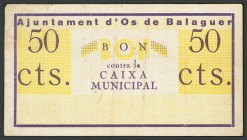 AJUNTAMENT D´OS DE BALAGUER (LLEIDA). 50 Céntimos. 1937. Marca del ayuntamiento al dorso. (Montaner no cita). MBC-. Raro.