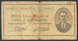 CONSELL MUNICIPAL DE MAIALS (LLEIDA). 1 Peseta. 1937. (Montaner: 869-C). BC-.