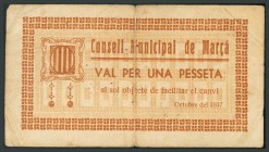 CONSELL MUNICIPAL DE MARÇA (TARRAGONA). 1 Peseta. Marca del ayuntamiento al dorso. (Montaner: 882-E). BC-.