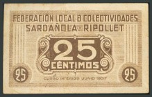 SARDAÑOLA-RIPOLLET. 25 Céntimos. 1937. Federación de Colectividades. (Turró: 2635). MBC.