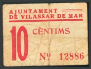 AJUNTAMENT DE VILASSAR DE MAR (BARCELONA). 10 Céntimos. Marca del ayuntamiento al dorso. (Montaner: 1586-F). BC.