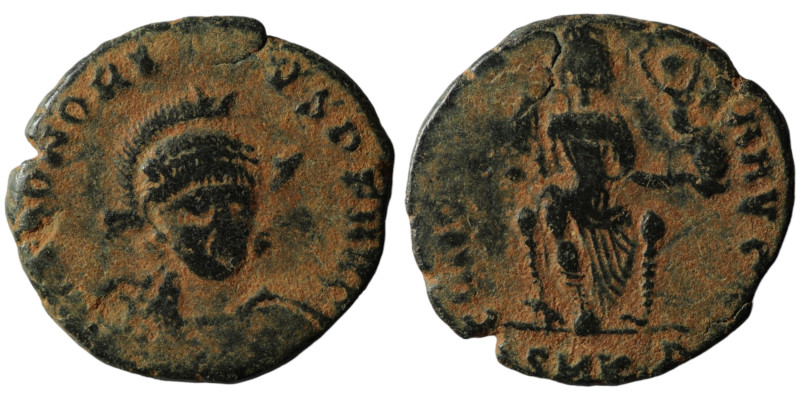 Honorius. (401-403 AD). Follis. Cyzicus. Obv: DN HONORIVS PF AVG. helmeted bust ...