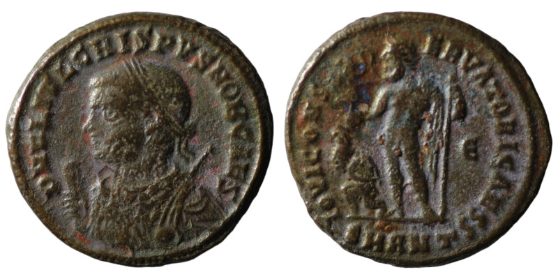 Crispus. (317-326 AD). Follis. Antioch. DN FL IVL CRISPVS NOB CAES. laureate bus...