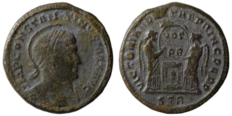 Constantinus I. (307-337 AD). Follis. Trier. Obv: CONSTANTINVS AVG. helmeted bus...