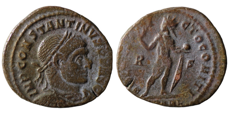 Constantinus I. (307-337 AD). Follis. Arles. Obv: CONSTANTINVS AVG. laureate bus...