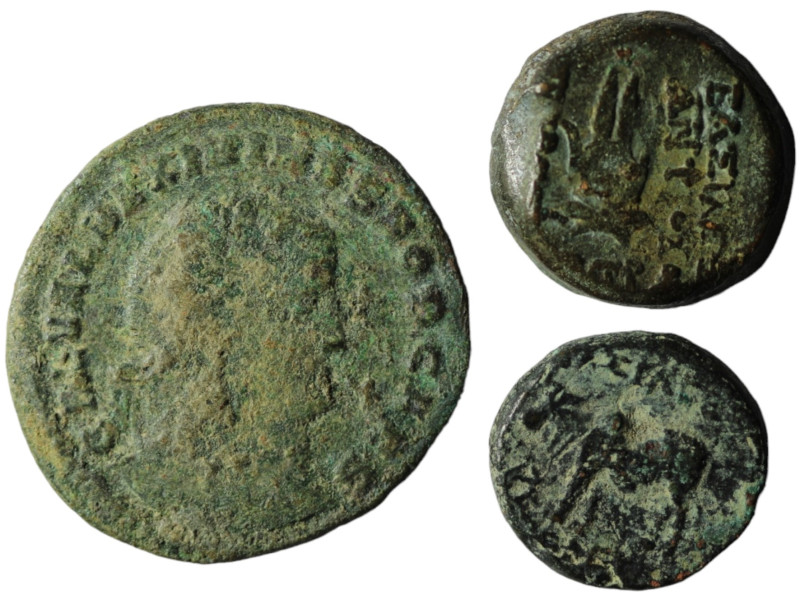 Lot of 3 ancient bronze coins. artifcial sandpatina. sold as seen, no return.