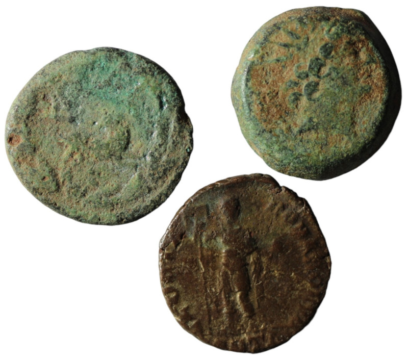 Lot of 3 ancient bronze coins. artifcial sandpatina. sold as seen, no return.