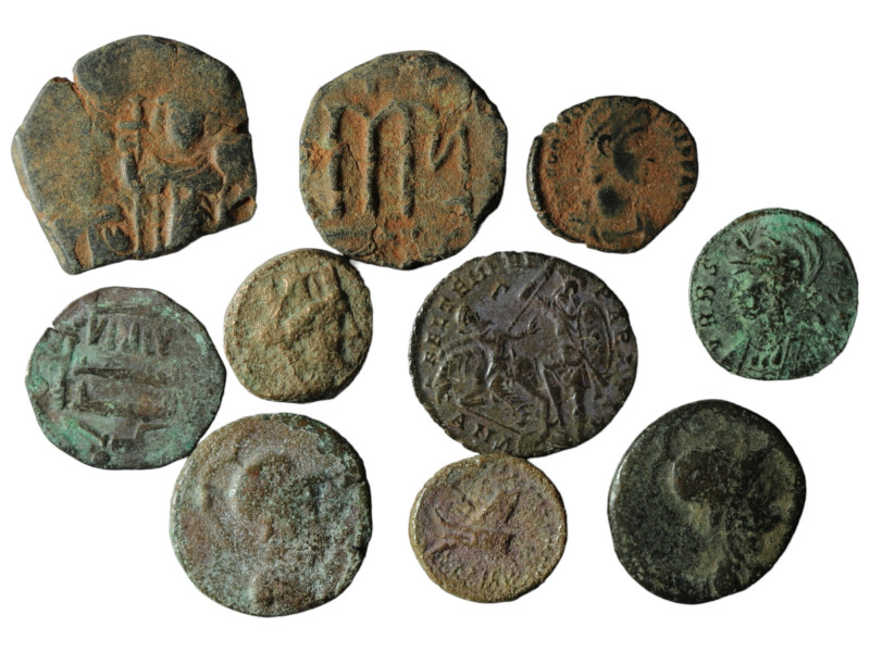 Lot of 10 ancient bronze coins. artifcial sandpatina. sold as seen, no return.