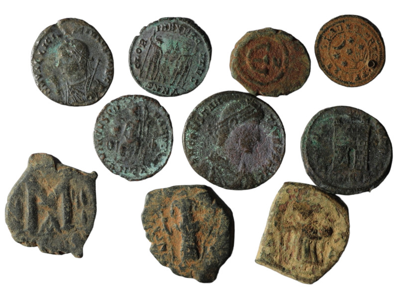 Lot of 10 ancient bronze coins. artifcial sandpatina. sold as seen, no return.