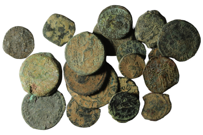 Lot of 20 ancient bronze coins. artifcial sandpatina. sold as seen, no return.