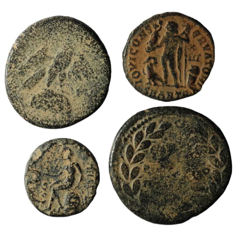 Lot of 4 ancient bronze coins. artifcial sandpatina. sold as seen, no return.