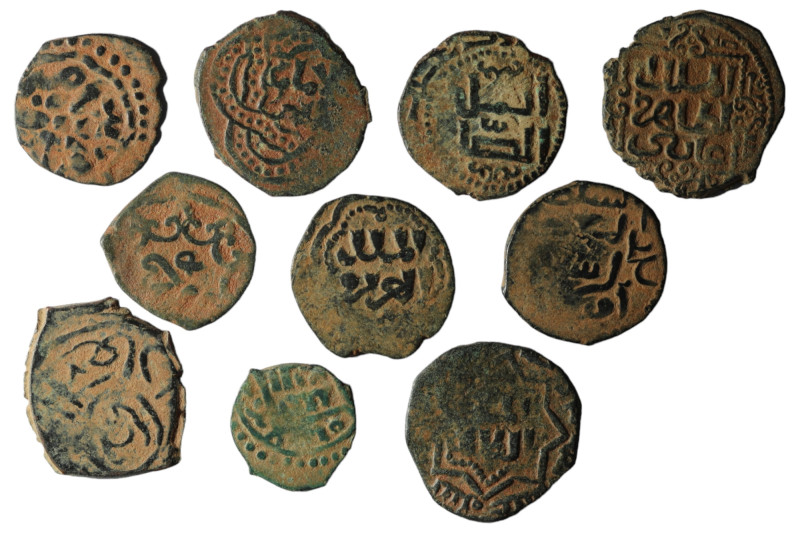 Lot of 10 islamic bronze coins. artifcial sandpatina. sold as seen, no return.