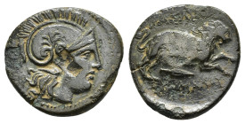 KINGS of THRACE.Lysimachos.(305-281 BC).Uncertain.Ae.

Obv : Helmeted head of Athena right.

Rev : BAΣIΛΕΩΣ ΛYΣIΜΑΧΟΥ.
Lion leaping right; below, spea...