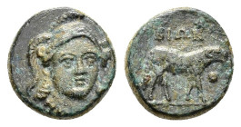 IONIA. Klazomenai.(Circa 386-301 BC).Ae.

Obv : Helmeted head of Athena facing slightly right.

Rev : BIΩN.
Ram standing right.
BMC 65; SNG Copenhagen...