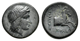 IONIA. Kolophon.(Circa 360-330 BC).Ae.

Obv: Laureate head of Apollo right. 

Rev: ΔIONYΣOΔOPOΣ / KOΛ. 
orepart of horse right. 

Kinns 58; SNG Copenh...