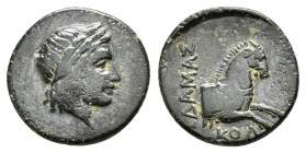 IONIA. Kolophon. Ae (Circa 330-285 BC).Ae.

Obv : Laureate head of Apollo right.

Rev : KOΛ / ΛΕΩΔΑΜΑΣ.
Forepart of bridled horse right.

SNG Cop 155....
