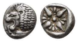 IONIA.Miletos.(Circa 525-475 BC).Obol.

Obv : Forepart of lion left, head reverted.

Rev : Incuse punch with stellate pattern.

SNG Kayhan 476-481.

C...