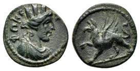 IONIA.Phokaia.(circa 100-200).Ae.

Obv : ΦΩΚΑΕΑ.
Turreted and draped bust of the Tyche, right.

Rev : griffin standing, left, raising forepaw.

SNG Co...