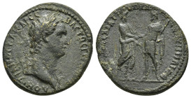 PHRYGIA.Aezanis. Domitian.(81-96)Homonoia with Cadi.Ae.

Obv : ΑΥΤ ΔΟΜΙΤΙΑΝΟΣ ΚΑΙΣΑΡ ΣΕΒΑ ΓΕΡΜΑ.
Laureate bust right, aegis at point of bust.

Rev : Δ...