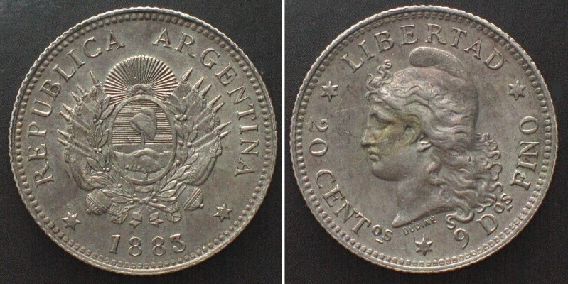 ARGENTINA. 20 Centavos 1883 silver AU! KM# 27.