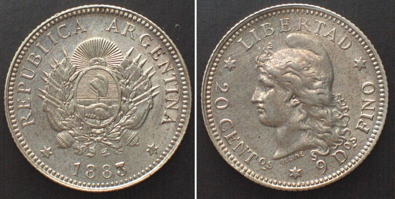 ARGENTINA. 20 Centavos 1883/2, inverted 2 in date, silver, SCARCE! AU! KM# 27.