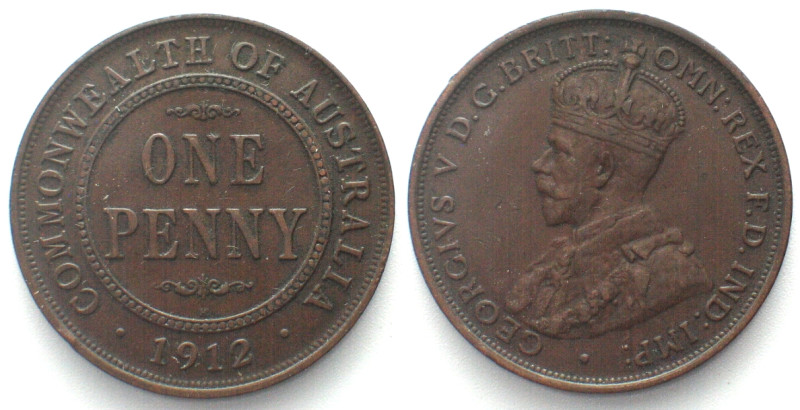 AUSTRALIA. Penny 1912 H, George V, bronze, AU! KM# 23. Tiny edge nick.